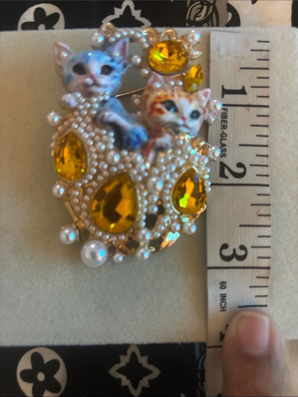 Gold-Tone Brooch with Amber Crystals and Faux Pearls